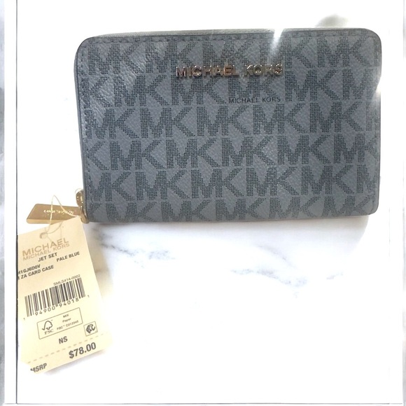Michael KORS Jet Set Small ZA Card Case  Leather Pale Blue Color MK Logo Print - Picture 1 of 6
